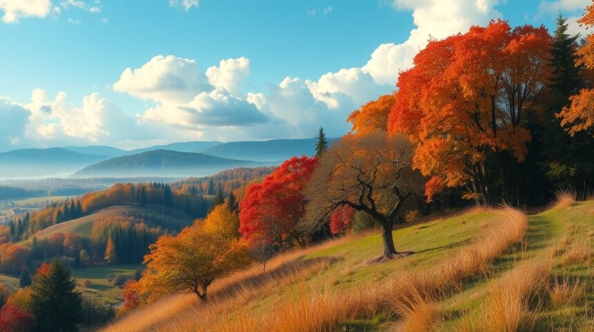 Természetes feltöltődés minden évszakban: Tippek és módszerek 1 Őszi táj, színekben gazdag fák és dombok a természetben.