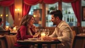 Fiatal pár első randija étteremben, vidám beszélgetés közben.