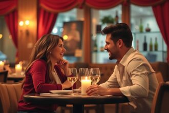 Fiatal pár első randija étteremben, vidám beszélgetés közben.