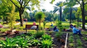 womensway 129 Emberek pihennek egy napfényes parkban, zöld növények között.