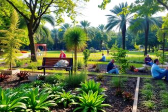 Emberek pihennek egy napfényes parkban, zöld növények között.