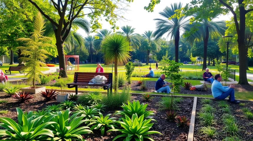 A természet gyógyító hatása a parkokban 1 Emberek pihennek egy napfényes parkban, zöld növények között.