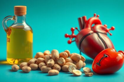 Mogyoróolaj és mogyorók, szív szimbólummal a koleszterinszint hatásainak bemutatására.