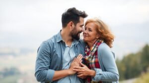 Közel álló pár korkülönbséggel, boldogan néznek egymásra.