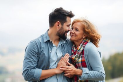 Közel álló pár korkülönbséggel, boldogan néznek egymásra.