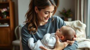 Anyuka öleli a babáját, szeretetteljes pillanat a mindennapokban.