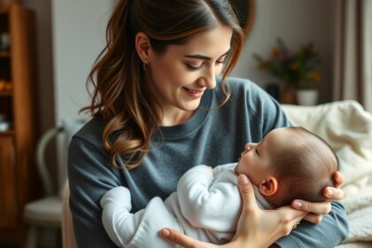 Anyuka öleli a babáját, szeretetteljes pillanat a mindennapokban.