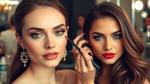 Két nő smink készítése, egy szép sminktippek eseményhez.