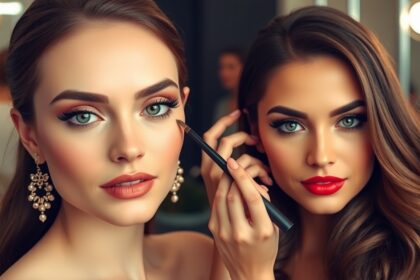 Két nő smink készítése, egy szép sminktippek eseményhez.