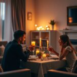 Romantikus páros est a gyertyafényben, közös étkezés és nevetés.