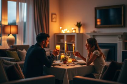 Romantikus páros est a gyertyafényben, közös étkezés és nevetés.