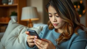 womensway 140 Egy nő üzenetet küld a telefonján, gondolkodik a kapcsolatokról.