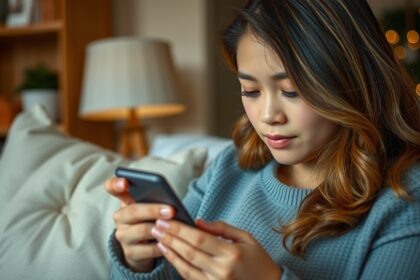 Egy nő üzenetet küld a telefonján, gondolkodik a kapcsolatokról.