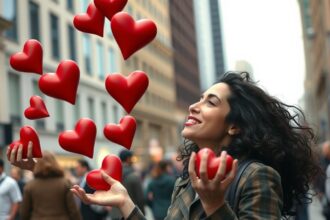 Egy nő szív alakú labdákat dobál a városban, boldogan mosolyogva.