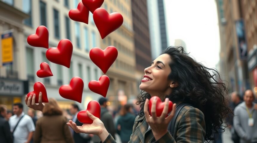 10 fontos tudnivaló, mielőtt egyszerre több férfival kezdesz randevúzni 1 Egy nő szív alakú labdákat dobál a városban, boldogan mosolyogva.
