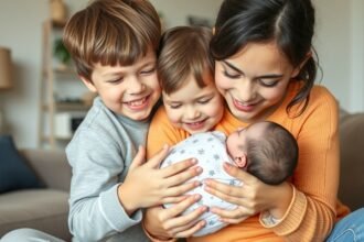 Családi pillanat: anya és gyermekei egy új kistestvért ölelnek.