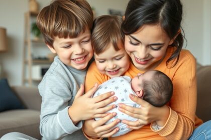 Családi pillanat: anya és gyermekei egy új kistestvért ölelnek.