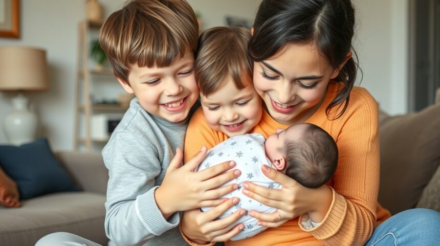 Hogyan kezeljük a testvérféltékenységet az új kistestvér érkezésekor? 1 Családi pillanat: anya és gyermekei egy új kistestvért ölelnek.