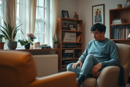 Szakmai terápia során gondolkodó páciens egy kényelmes székben