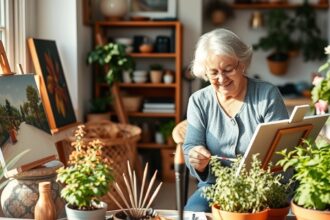 Idős nő fest a műhelyében, élénk színek között, növényekkel körülvéve.