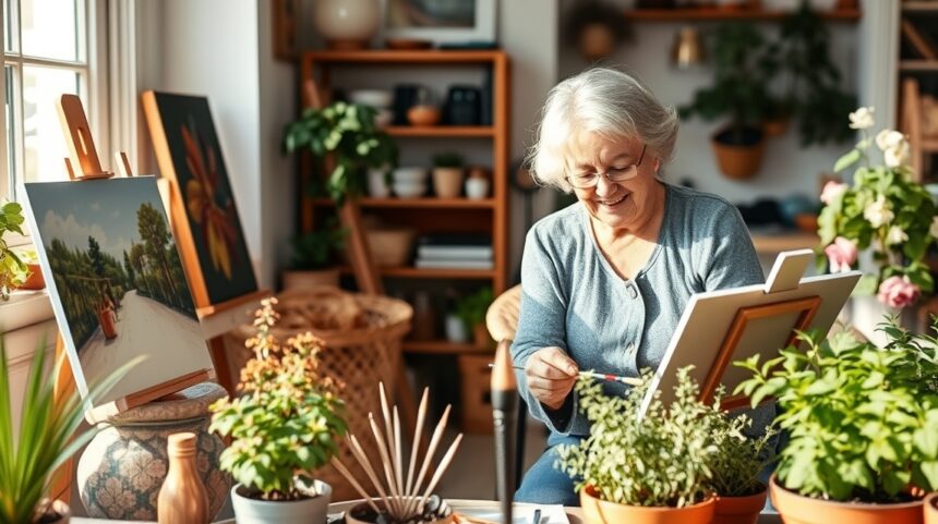 Miért lényegesek a különálló érdeklődési területek a párok számára? 1 Idős nő fest a műhelyében, élénk színek között, növényekkel körülvéve.