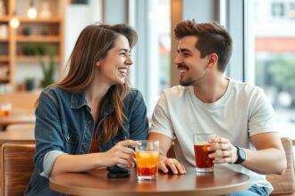 Fiatal pár vidáman beszélget egy kávézóban, kötöttségek nélküli randizás.