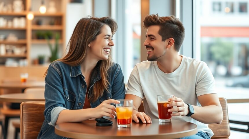 Fiatal pár vidáman beszélget egy kávézóban, kötöttségek nélküli randizás.