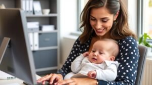Anyuka a babájával számítógépnél, munka és anyaság összehangolása.