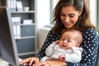 Anyuka a babájával számítógépnél, munka és anyaság összehangolása.