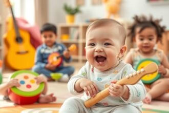 Baba zenei foglalkozáson, mosolygó csecsemő hangszert tart.