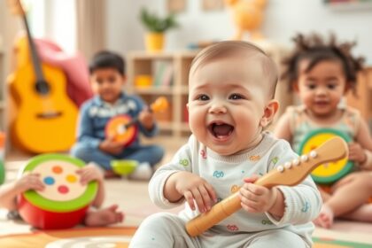 Baba zenei foglalkozáson, mosolygó csecsemő hangszert tart.