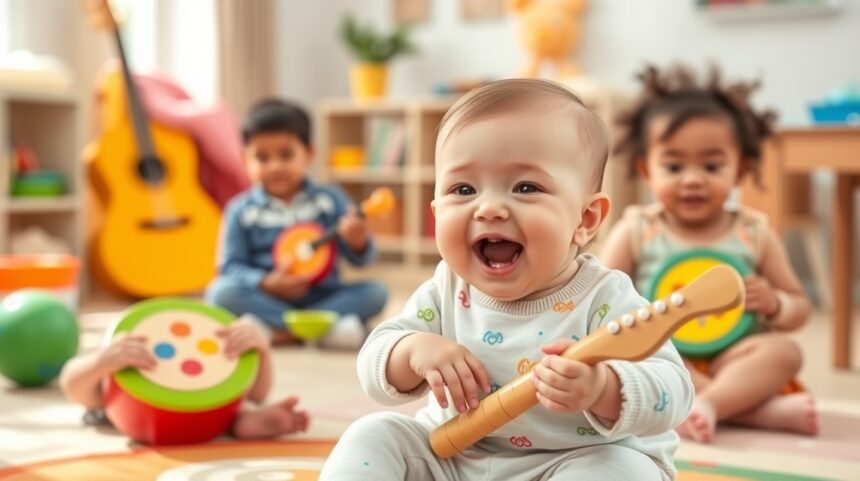 Baba első zenei foglalkozása: mire számíts és mit vigyél magaddal? 1 Baba zenei foglalkozáson, mosolygó csecsemő hangszert tart.