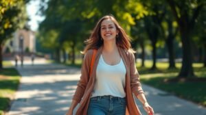 womensway 137 Fiatal nő vidáman sétál a parkban, önbizalom és friss energiával.