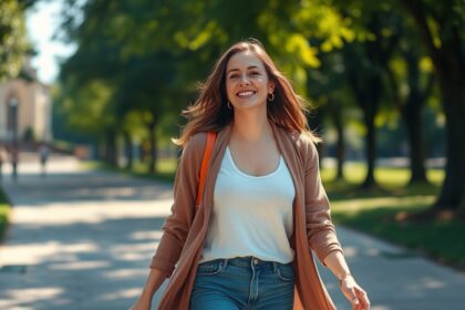 Fiatal nő vidáman sétál a parkban, önbizalom és friss energiával.