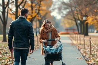 Szülők sétálnak babával parkban hűvös időben.