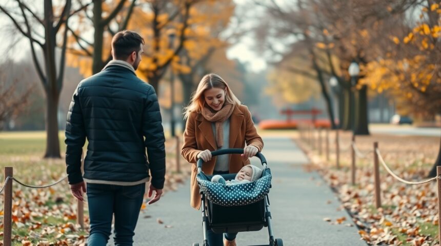 Baba sétáltatása hűvös időben: mire érdemes figyelni? 1 Szülők sétálnak babával parkban hűvös időben.