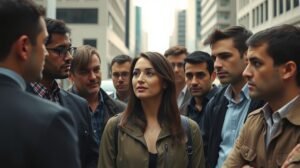 Nő, aki férfiakkal körülvéve vár egy komoly kapcsolatra.