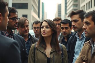 Nő, aki férfiakkal körülvéve vár egy komoly kapcsolatra.