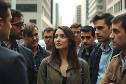 Nő, aki férfiakkal körülvéve vár egy komoly kapcsolatra.