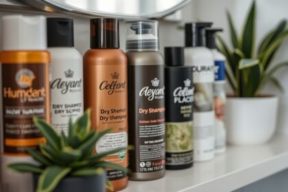 Száraz samponok különböző márkáktól fürdőszobai polcon.