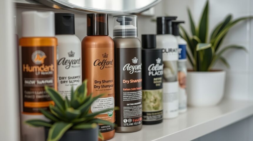 Száraz samponok különböző márkáktól fürdőszobai polcon.