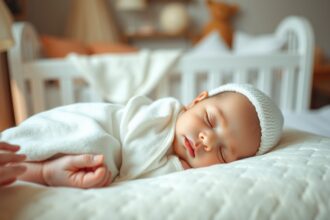 Újszülött baba békésen alszik, takaróban és pihe-puha párnán.