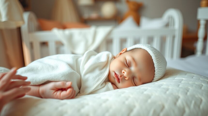 Újszülött baba békésen alszik, takaróban és pihe-puha párnán.