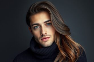 Fiatal férfi portréja sötét háttér előtt, stílusos pulóverben.