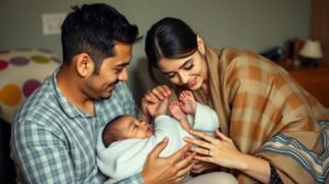 Családi hagyományok megteremtése csecsemőkorban szülőkkel és babával.