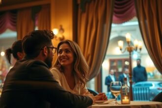 Pár egy étteremben, romantikus hangulatban, beszélgetve.