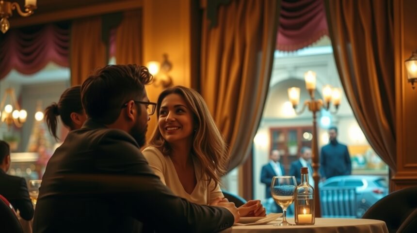 Pár egy étteremben, romantikus hangulatban, beszélgetve.