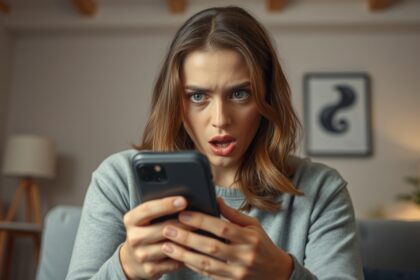 A nő meglepetten nézi a telefonját, kibővítve a hűtlenség jeleit.