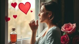 Nő, aki a szerelemre vár, szívek és rózsák mellett.