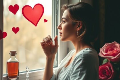 Nő, aki a szerelemre vár, szívek és rózsák mellett.